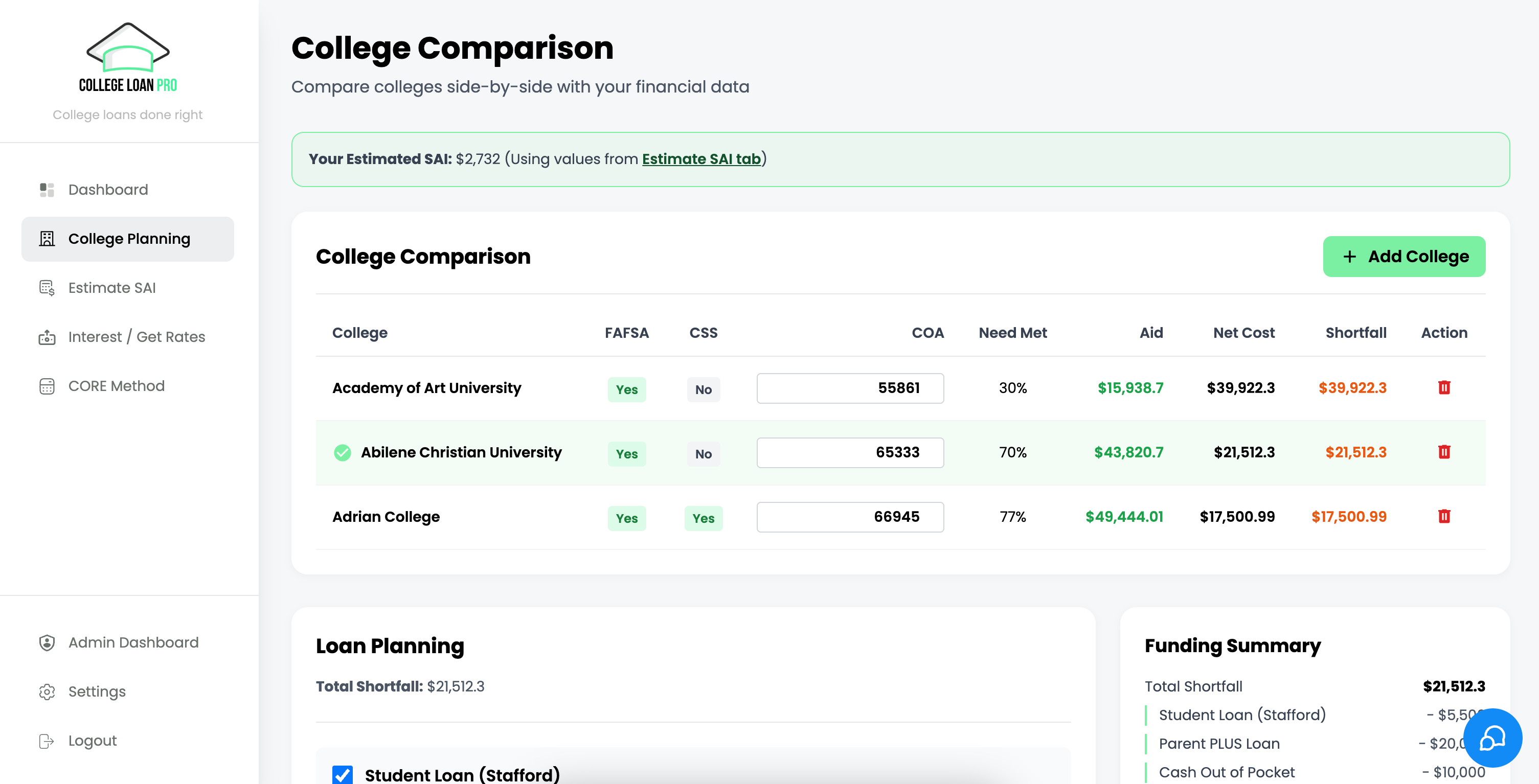 College Comparison screen in College Loan Pro