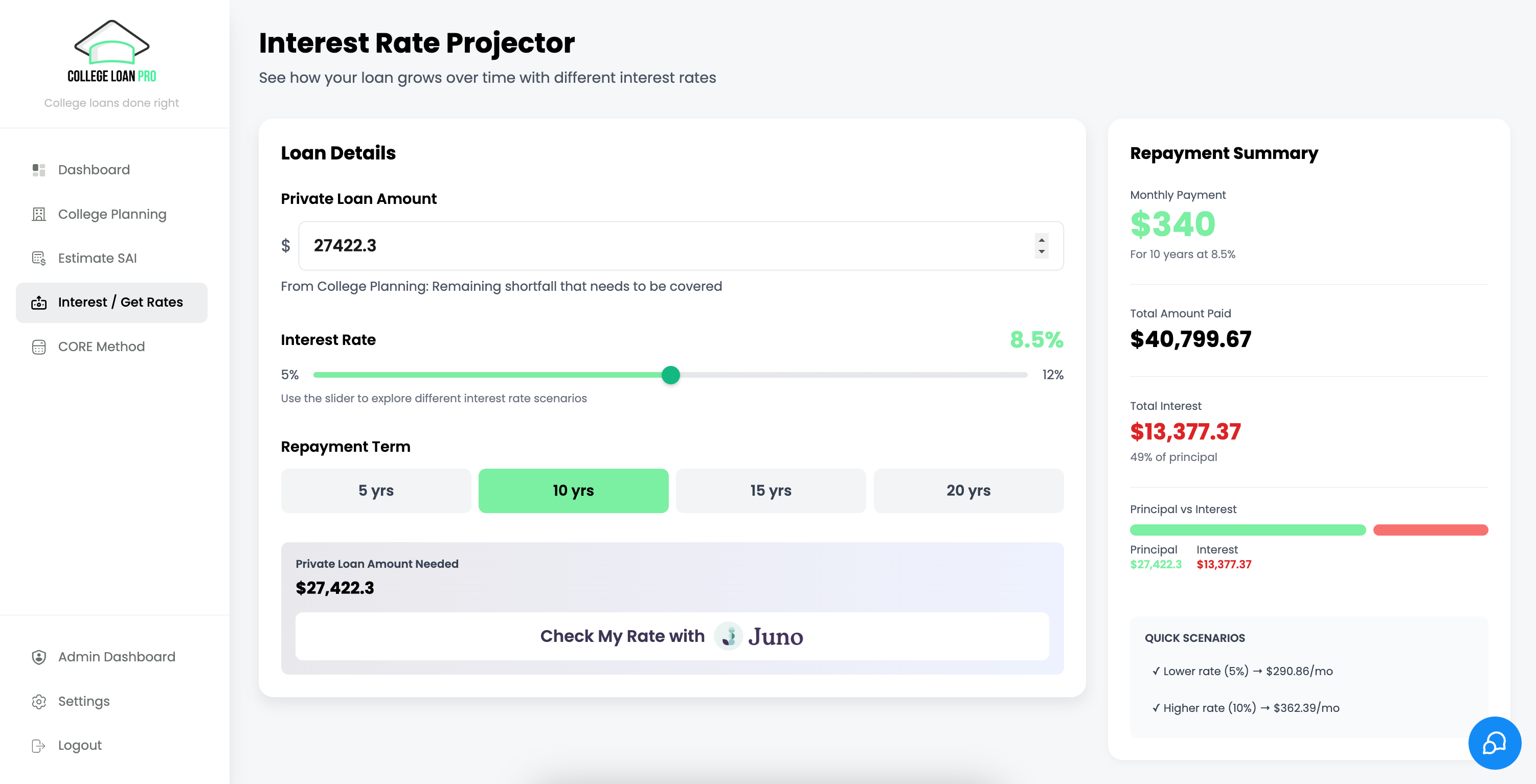 Interest Rate Projector screen in College Loan Pro